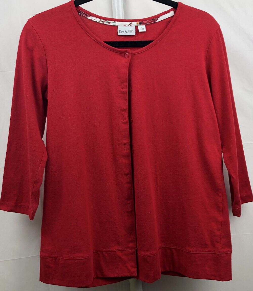 Kim Rogers Intimates Top Womens S Red Sleepwear 3/4 Sleeve Button Front Lounge